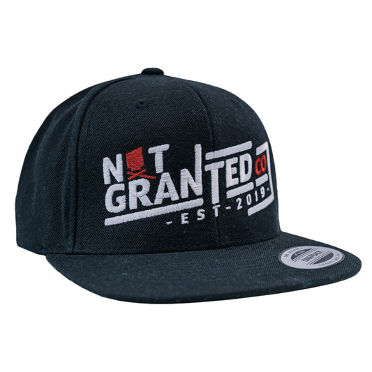 Black cap with 'Not Granted' logo on a white background