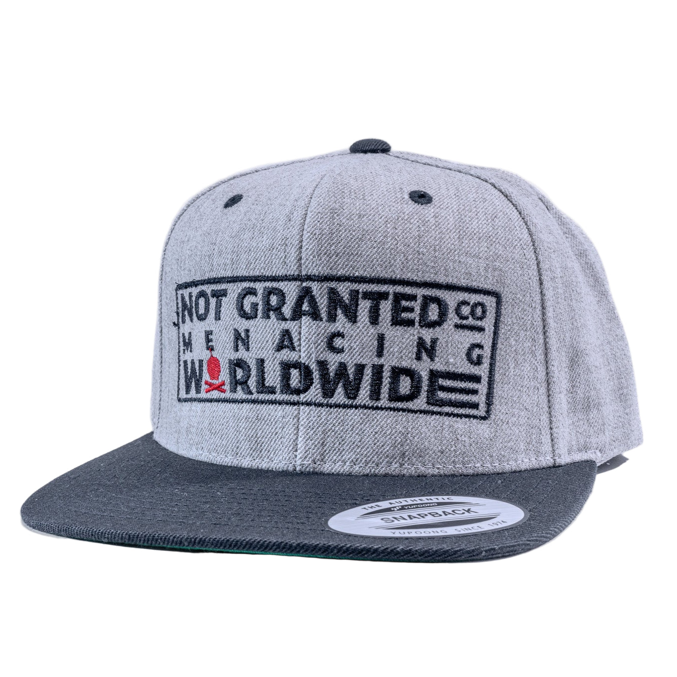 Gray cap with black text on a white background