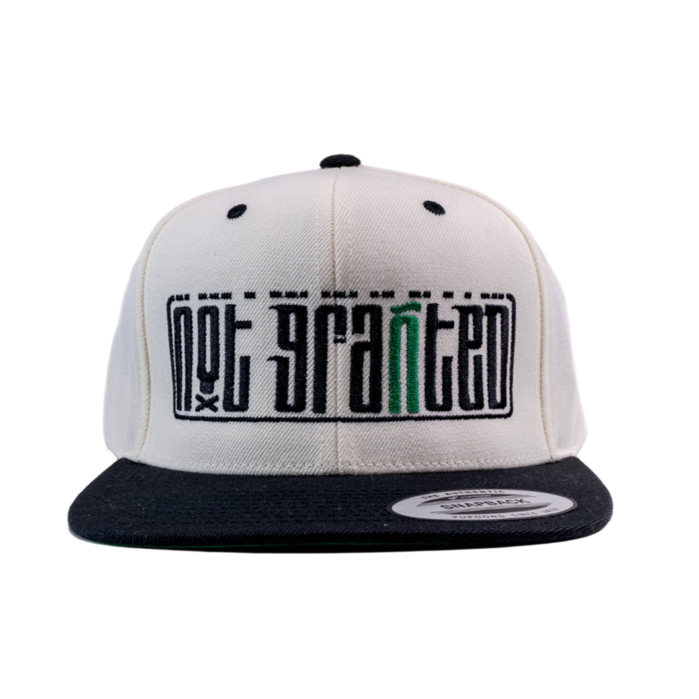 White and black cap with 'Not Granted' text on a white background