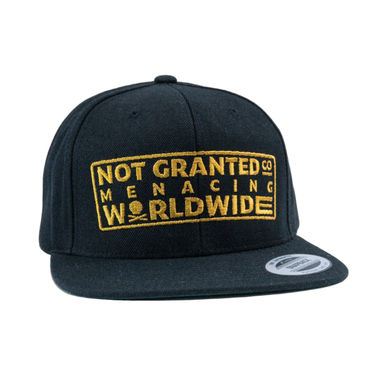 Black cap with yellow text on a white background