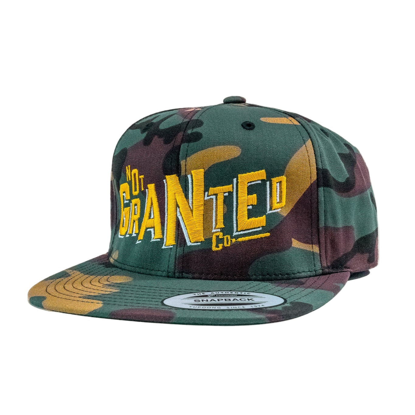 Camouflage cap with yellow text on a white background