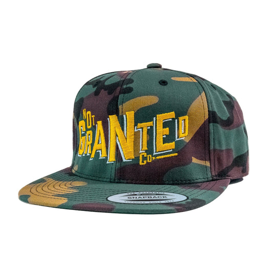 Camouflage cap with yellow text on a white background