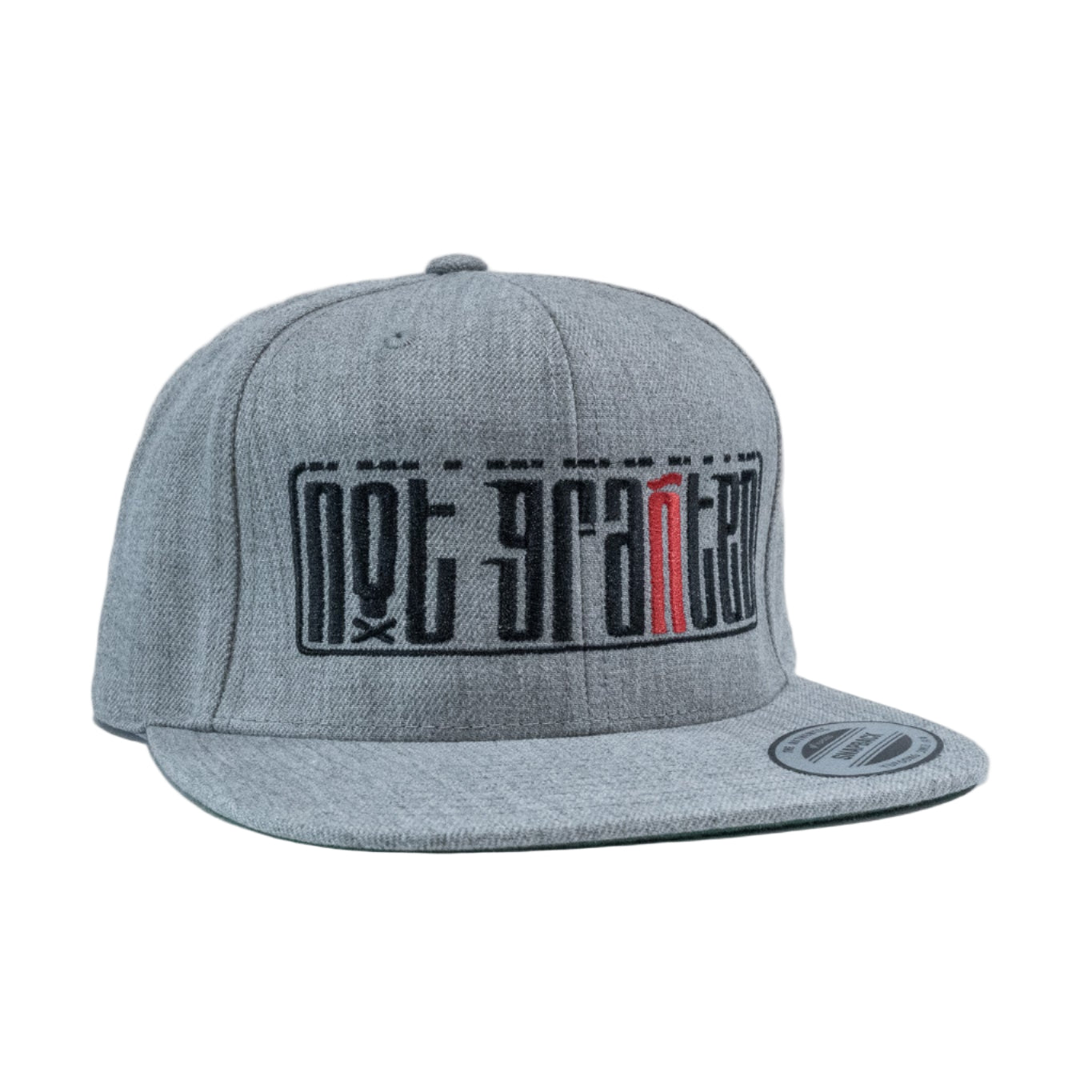 Gray cap with black and red text on a white background