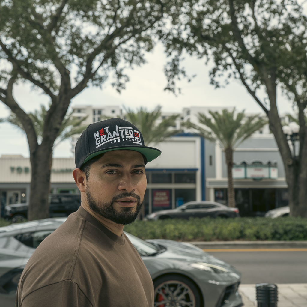 Man wearing a cap with text standing outdoors with cars and buildings in the background